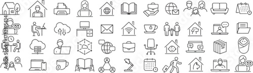 remote work, work from home, home office, freelance, online, computer, laptop, internet, connection, communication, business, technology, icon, set, collection, editable, line, illustration, graphic, 