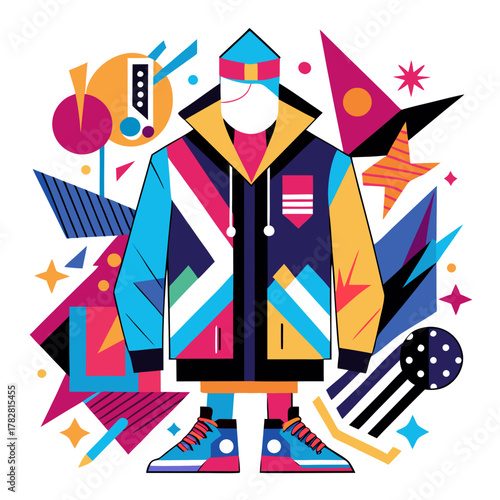 A stylized figure wearing a colorful, geometric jacket and sneakers, surrounded by abstract shapes and bright colors.