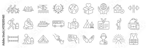 refugee, migration, travel, journey, family, people, tent, camp, helicopter, aid, donation, box, earth, globe, hands, helping, house, road, direction, boat, bus, map, reading, identification, badge, b