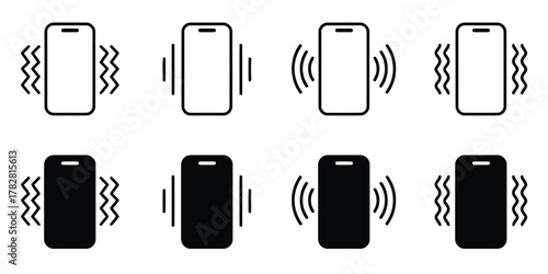 smartphone, phone, mobile, device, icon, symbol, vibration, ringing, sound, alert, notification, graphic, design, isolated, white background, black, white, outline, solid, technology, communication, s