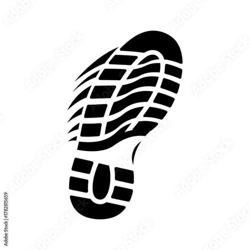 Simple black and white vector illustration of a shoe print graphic element, isolated, perfect for design templates, crime scene investigation, or outdoor activities symbol