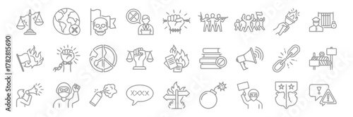 protest, revolution, conflict, social, unrest, justice, law, scales, earth, world, skull, death, no, symbol, man, fist, power, group, people, marching, torch, fire, prison, jail, flag, burning, chain,