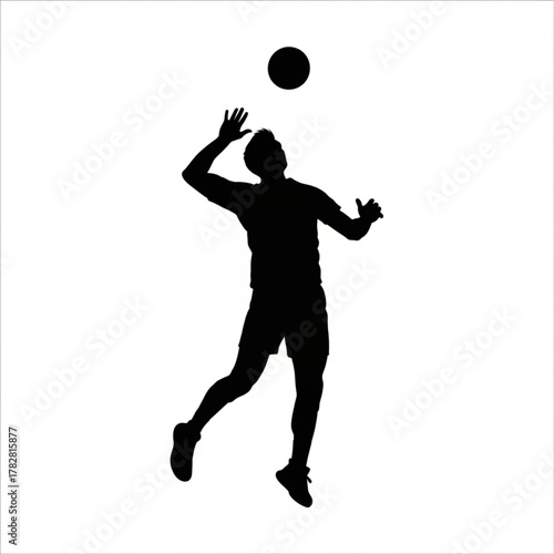 Dynamic Black Silhouette of Volleyball Player Spiking Ball on White Background, Athletic Action, High Energy, Sports Vector Illustration, Poster Graphic Element