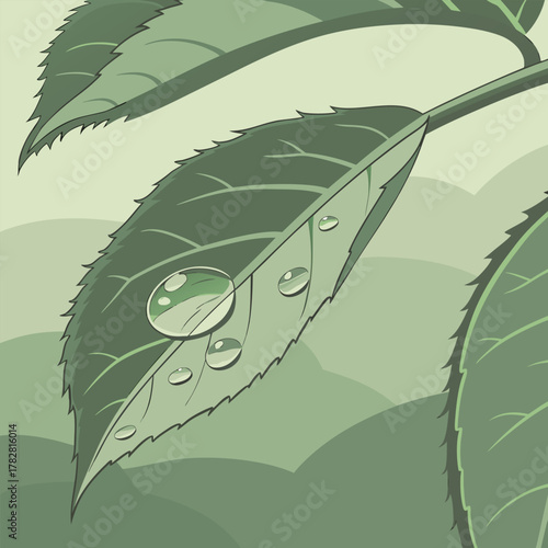 Close-up of Green Leaf with Water Droplets raindrops