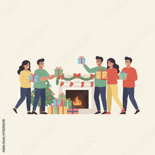 Friends Celebrating Together and Exchanging Gift Boxes Beside Decorated Fireplace in Flat Vector Illustration on Solid Background
