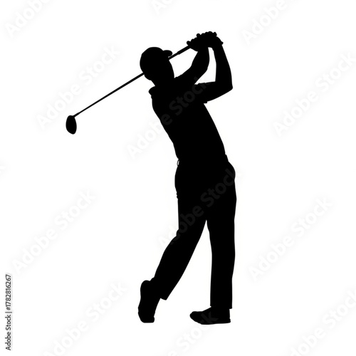 Striking Silhouette of Golf Player in Action: Powerful swing on white. Captures skill, fitness, and the competitive spirit of golf in this dynamic composition.
