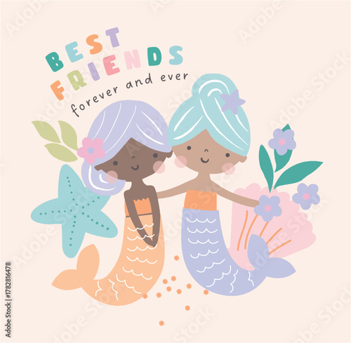 Marmaid best friend’s cute toddler and infant girls graphic for t-shirts and coffee mug, bags, bottle, star fish and flowers and text background cream
