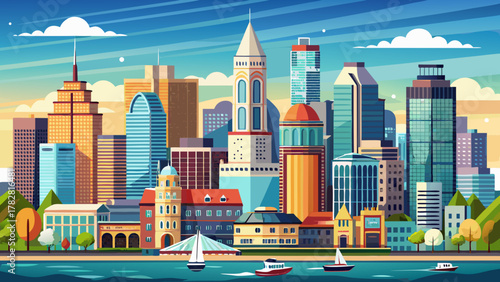 Very beautiful downtown skyline of Boston, Massachusetts, USA, featuring iconic buildings, modern skyscrapers, historic architecture, and a realistic vibrant urban cityscape under clear skies.