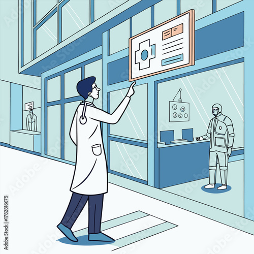 Doctor interacting with digital display in a modern clinic