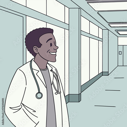 Doctor smiling in a modern hospital hallway medical
