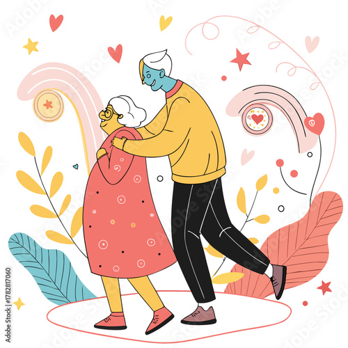 Elderly Couple Walking Together Arm in Arm with Decorative Elements Keywords: elderly couple