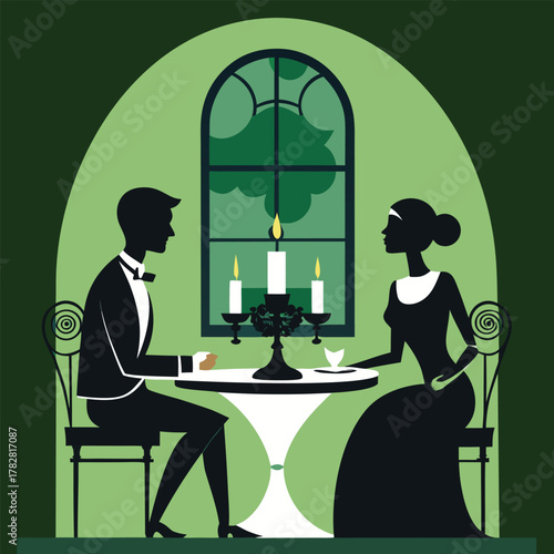 Elegant Couple Dining by Candlelight with Arched Window View