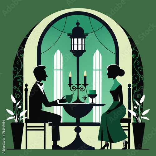 Elegant Couple Dining in Art Deco Style Restaurant