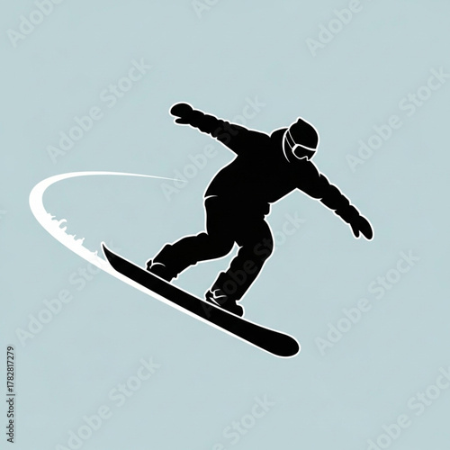 Dynamic snowboarder silhouette performing jump, minimalist modern style vector graphic for winter sports and recreational activity concepts, isolated with light background