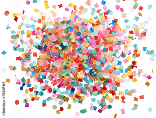Colorful confetti burst celebration clipart festive elements party decor vibrant background top-down view