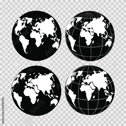 Four Black and White Earth Globes on Transparent Background