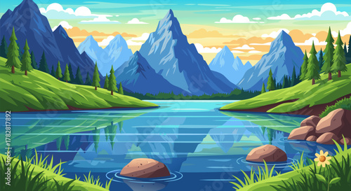 Idyllic alpine landscape featuring majestic mountain peaks reflected in a pristine, calm lake surrounded by lush green meadows and pine forests