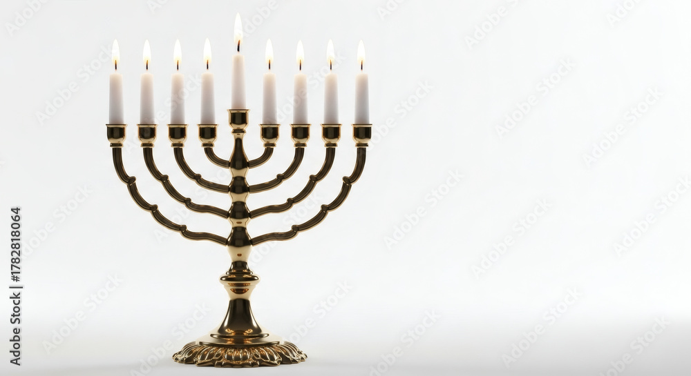 Fototapeta premium Illuminated menorah with nine candles on a plain white background