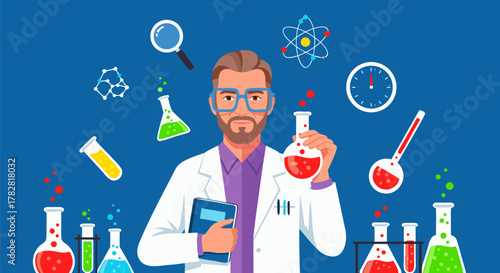 Scientist in laboratory with scientific equipment, conducting research and experiments, vector illustration