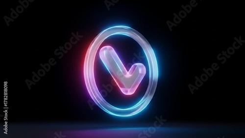 Glowing neon checkmark icon in a circle on a black background, a symbol of approval and validation