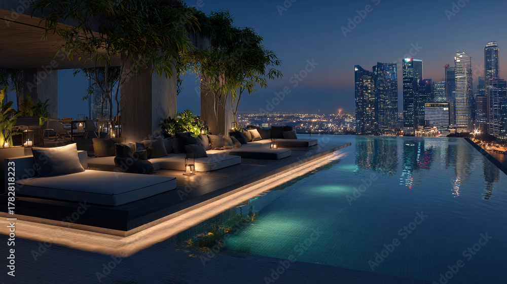 Fototapeta premium Luxurious evening by the infinity pool with city skyline view