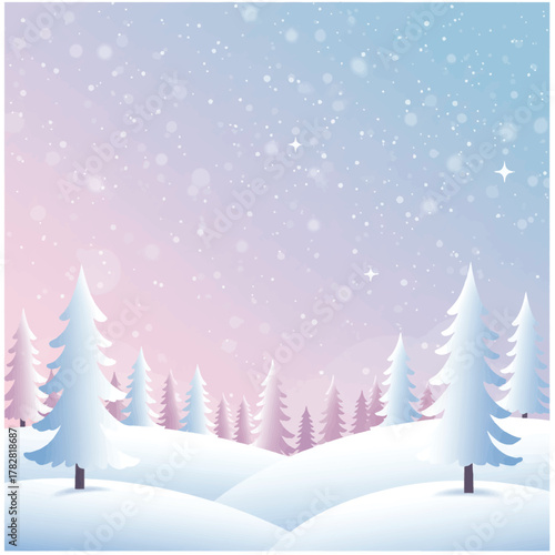 Beautiful flat vector illustration of a peaceful winter wonderland landscape featuring snow-covered rolling hills and sparse pastel pine trees beneath shining stars.