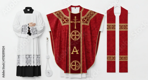 Catholic priest vestments including alb chasuble and stole on display