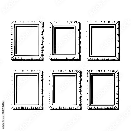 Six empty picture frames arranged in two rows on a white background ready for artwork display or decoration