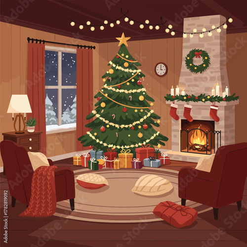 Cozy winter living room featuring a beautifully decorated Christmas tree and stacked gifts, illuminated by warm, glowing lights in a peaceful 2D flat illustration.