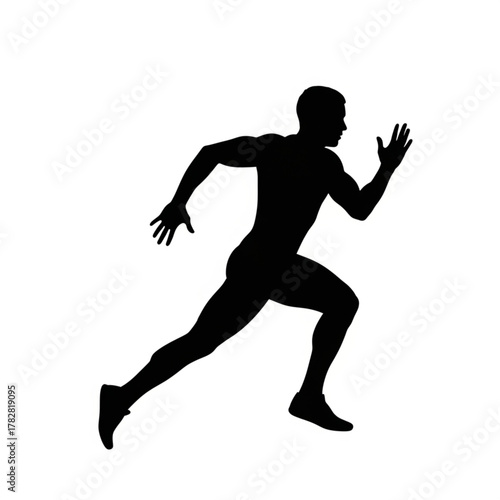 Dynamic black silhouette of male runner sprinting on white background, symbolizing speed, competition, fitness, athleticism, for sports, healthcare, and wellness concepts.