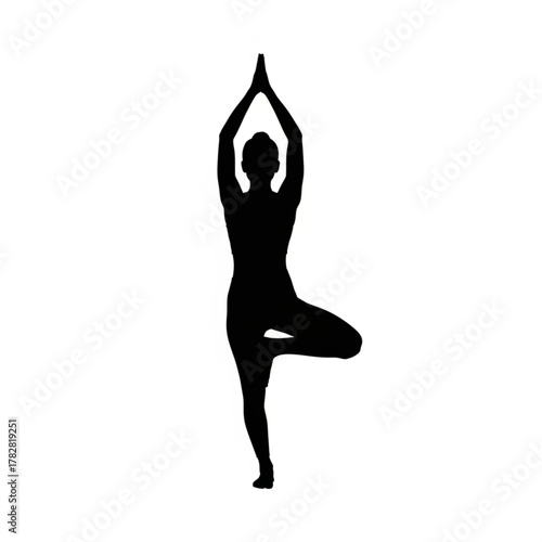 Elegant silhouette of woman practicing Tree Pose (Vrksasana), symbolizing balance and mindfulness in yoga, set against a crisp white background for serene health promotion