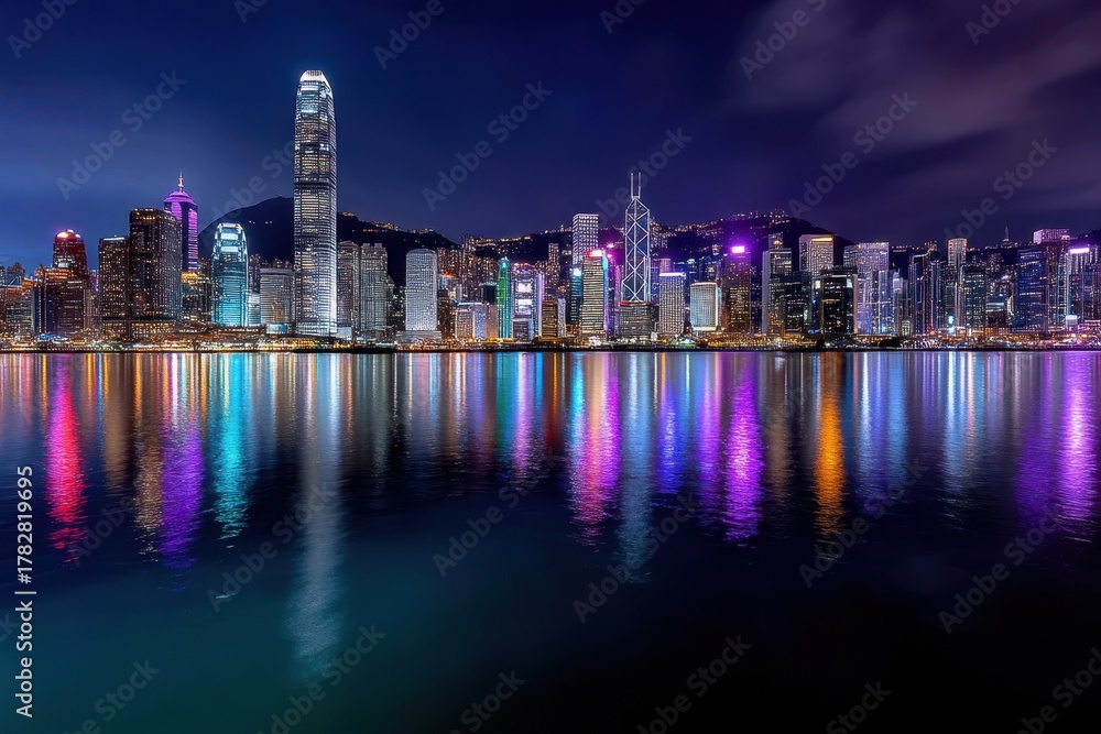 Fototapeta premium City skyline illuminated at night with colorful reflections in the water