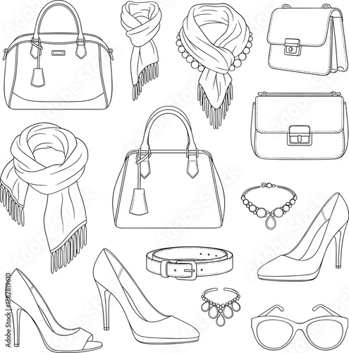 Collection of fashion accessories and footwear line art isolated on white background