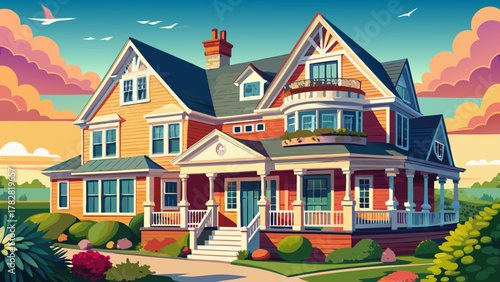 Very beautiful view of the upper facades of a charming family home in Brighton, Massachusetts, USA, featuring a balcony, composite roofing, detailed architecture, and a realistic warm suburban atmosph