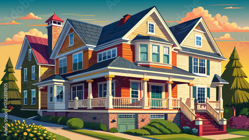 Very beautiful view of the upper facades of a charming family home in Brighton, Massachusetts, USA, featuring a balcony, composite roofing, detailed architecture, and a realistic warm suburban atmosph