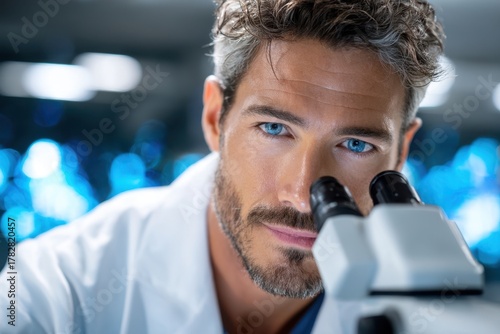 Scientist examines samples under a microscope in a laboratory setting during the day