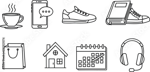 Collection of hand drawn icons for everyday objects isolated on white background