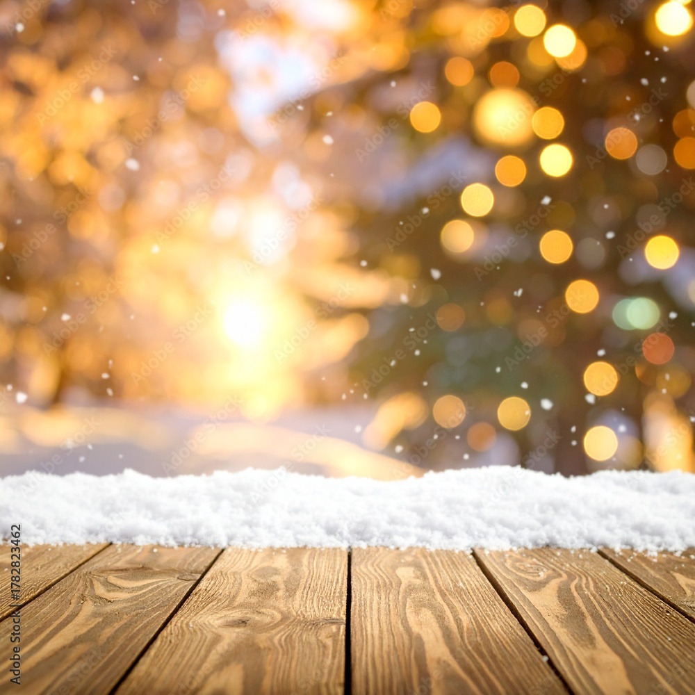 Fototapeta premium 温かみのある木目の背景に、やわらかな雪が重なるナチュラルなデザイン。 家庭的で落ち着いた雰囲気が、冬やホリデーシーズンの穏やかさを感じさせる。 自然素材のぬくもりと雪の透明感が調和した心地よいトーン。