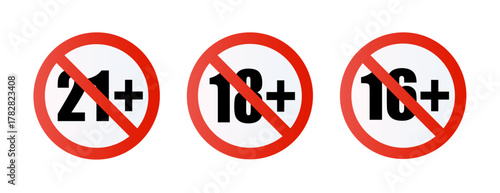 Age limit sign set. Adults content only age restriction.Censure warning age plus. Vector .