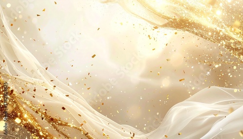 淡いアイボリーの背景に、繊細なゴールドコンフェッティが舞う華やかなデザイン。
柔らかな光とスパークルが、12月のパーティーシーンを思わせる温かい雰囲気を演出。
上品でフェスティブなトーンは、広告やギフト、ブランドビジュアルに最適。