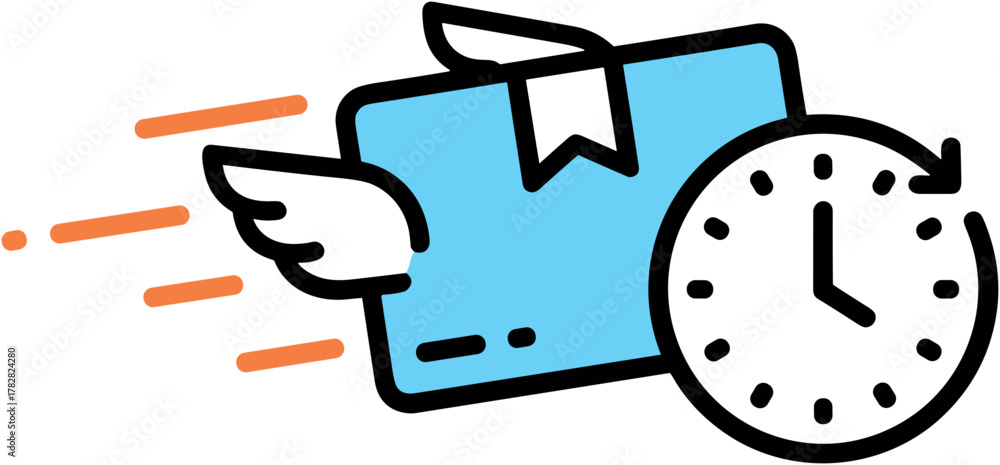 Fototapeta premium Fast delivery concept with winged package and clock illustration