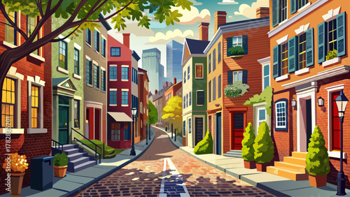 Very beautiful view of Acorn Street around Beacon Hill in Boston, Massachusetts, USA, featuring historic brick buildings, cobblestone streets, charming facades,a realistic scenic urban neighborho