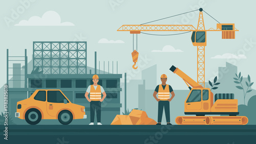 Construction site scene with workers in hard hats and vests, a yellow car, a crane, and partially built structures, representing industry and development. (200 characters)