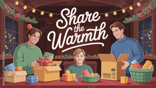 Three people of diverse genders and ethnicities happily preparing and sharing gifts in a cozy, decorated room during the christmas holiday season, conveying a message of togetherness and generosity.