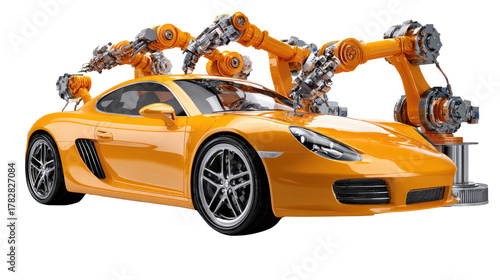 Automated Assembly: A vibrant orange sports car takes center stage as robotic arms orchestrate its creation, a testament to efficiency and technological innovation.