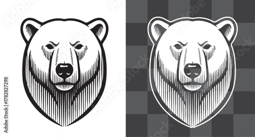 Vintage vector engraving illustration of bear head in monochrome and outline styles isolated on transparent background, detailed wild animal artwork representing strength, wilderness, and courage