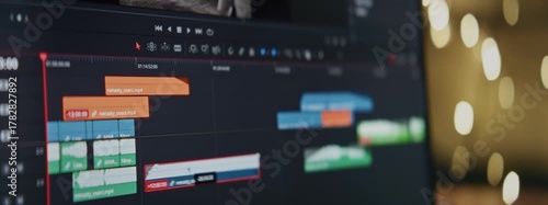 Video editing on a laptop. Monitor the computer the work of the interface program for video editing: the fragments are connected timeline. Video or sound processing, postproduction, film maker