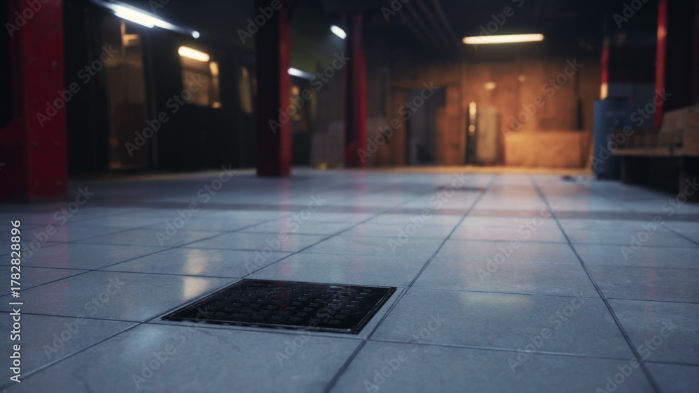 Obraz premium A quiet, abandoned underground place with tiled floors and a metal vent. The dim lighting enhances the eerie atmosphere, suggesting a forgotten space waiting for life.