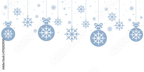 Elegant winter background with hanging snowflake ornaments, dotted strings, and bows on white. Ideal for holiday greeting cards, seasonal banners, and festive design projects.
