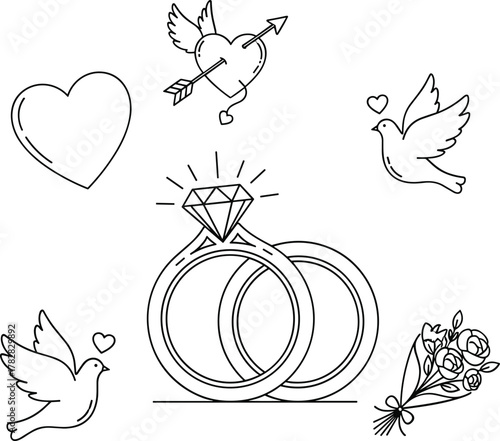 Wedding and love symbols hand drawn sketch isolated on white background